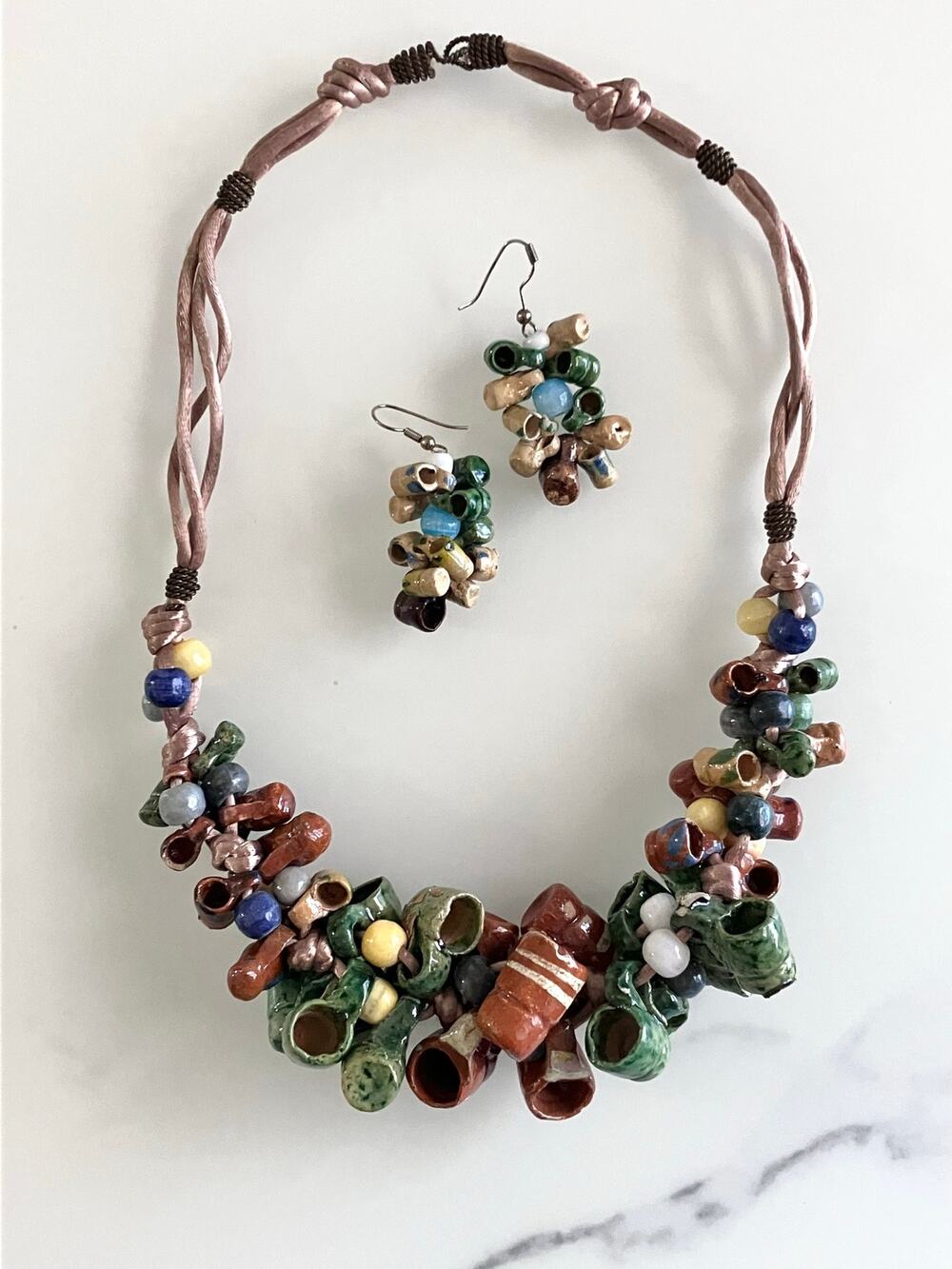 Mexican Clay Pottery Charm Necklace & Earrings Mini Folk Art Cluster Cups Beads